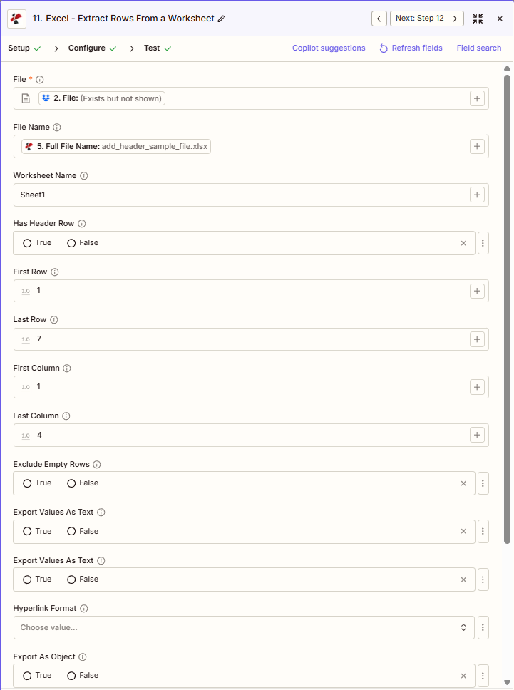 Configuração do Zapier para extrair linhas do PDF4me no Excel - Arquivo, Nome do Arquivo, Nome da Planilha, intervalo de linhas e colunas (baseado em 1), Possui Linha de Cabeçalho